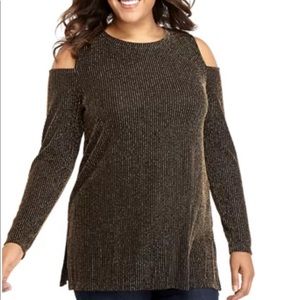 Michael Kors Black and Metallic Stripe Cold Shoulder Long Sleeve Top Blouse